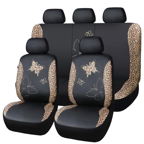 Flying Banner Butterfly car seat Covers ful Set Fashion Universal Lady Woman Female Rear Bench Split Colorized (Full Set - Faux Leather, Leopard Brown) - color: Leopard Brown Faux Leather, size: Full set