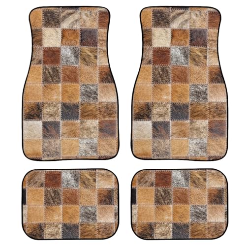 Faux Cowhide Patchwork Print Car Floor Mats Set of 4 Retro Cow Fur Pattern Universal Vehicle Floor Carpet Decorative Auto Front Rear Foot Rugs for Trucks SUV Sedan - color: Brown