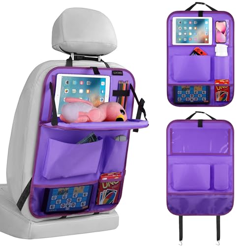 LUCMO Car Backseat Organizer with Tablet Holder,6 Storage Pockets Car Storage Organizer with Foldable Food Tray,Seat Protectors Kick Mats Travel Accessories-Dark Purple - color: Dark Purple, size: 1 Pack with Food Tray