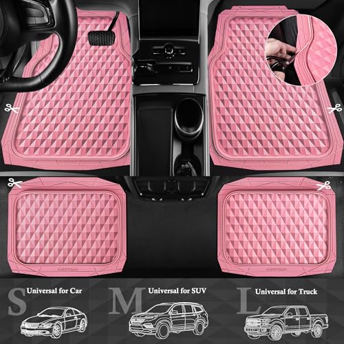 CAR PASS Heavy Duty Rubber Pink Car Floor Mats & Cargo Liners, Deep Dish All-Weather Trunk Mats Durable Anti-Slip 3D Rhombus Waterproof Trim to Fit Liner Universal Fit Auto,Sedan,SUV,Truck, Pink