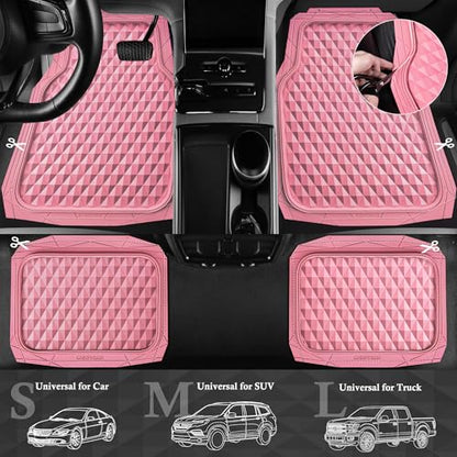 CAR PASS Heavy Duty Rubber Pink Car Floor Mats & Cargo Liners, Deep Dish All-Weather Trunk Mats Durable Anti-Slip 3D Rhombus Waterproof Trim to Fit Liner Universal Fit Auto,Sedan,SUV,Truck, Pink