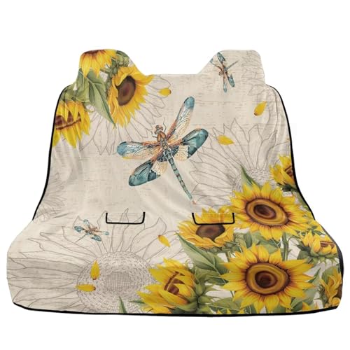 Dragonfly Sunflower Print Car Back Seat Cover Waterproof Automotive Seat Cushions Universal Fit Rear Bench Towel Seat Covers with Non-Slip Backing for SUV, Sedan, Van - color: Dragonfly Sunflower