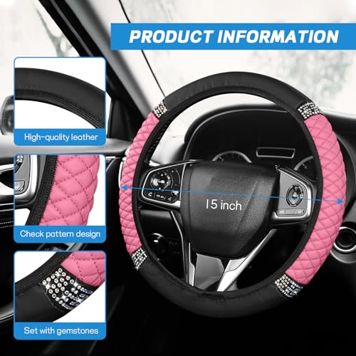 8PCS Car Accessories Set, Bling Leather Car Steering Wheel Cover with Armrest Pad, Seat Belt Cover Pads, Cup Holder Coasters, Gear Shift & Handbrake Covers, Auto Interior Accessories (Pink) - color: Pink
