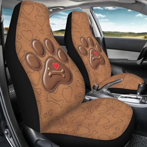 Dreaweet Dog Paw Car Seat Covers Brown 2 Piece Universal Washable Car Seat Cover Front Seats Only Cute Car Accessories Interior Easy to Install - color: Dog Paw Brown