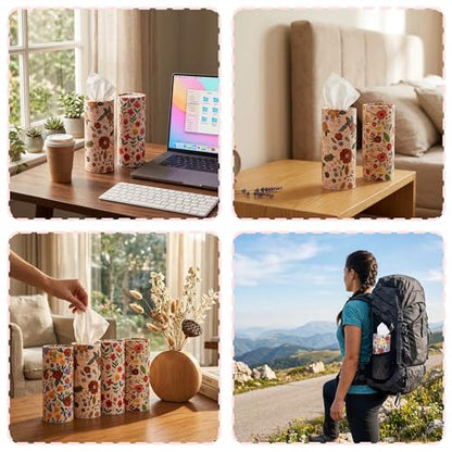 EUOYUFO 200 Sheets Car Tissues with 4 Pack Floral Cylinder Holder Round Portable Travel Tubes Box Container Tissue for Car Cup Holders Home Bathroom Office