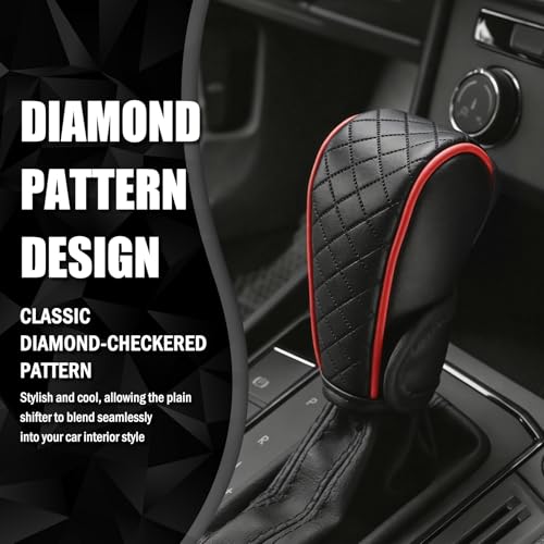 Leather Car Gear Shift Cover with Diamond Design,Stylish Gear Shift Knob Cover for Anti-Scratch Protection & Decoration,Universal Gears Shifter Covers Car Accessories for Men (Red)