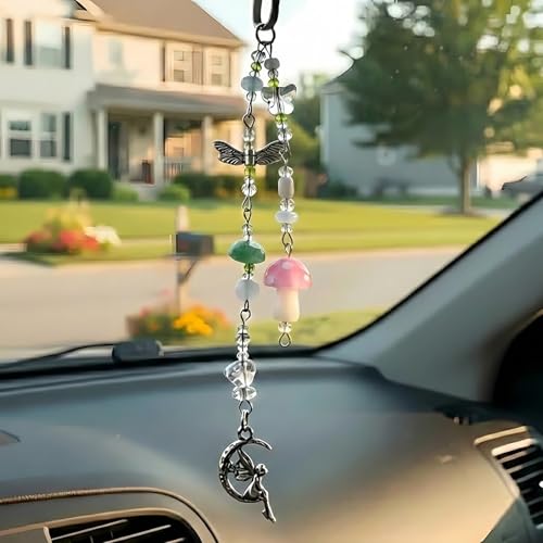 Mushroom Car Accessories for Women Cute Mushroom Car Hanging Ornament Boho Rear View Mirror Accessories Interior Car Decor Bag Charms Gifts for Women Girls (Pink) - color: Pink