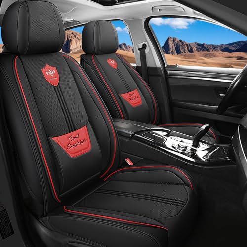 LINGVIDO Car Seat Covers for Front Seats (2 Seats) - Premium Perforated Nappa Leather,Waterproof Shield, Omni-Adapt Fit for SUVs Sedans, Ideal for Rideshare & Pets - color: Black & Red Line (Lumbar), size: Front Only (2 Seats)