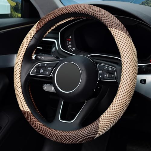 ZHOL Steering Wheel Cover Universal 15 inch Microfiber Breathable Ice Silk Steering Wheel Covers Anti-Slip Car Interior Accessories for Women Men, Warm in Winter and Cool in Summer, Beige&Brown - color: Brown Beige