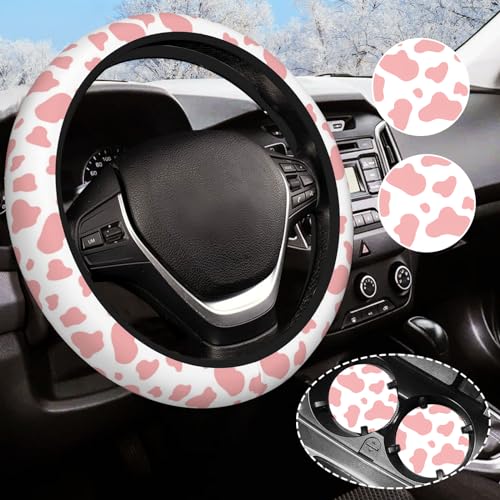 Pink Cow Print Steering Wheel Cover for Women Men with 2 Pcs Car Coasters, Universal 14.5-15 Inch Rainbow Steering Wheel Covers Non-Slip Car Accessories for Girls - color: pink cow print