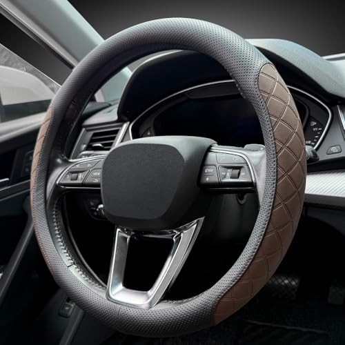 Nappa Leather Steering Wheel Cover,Elegant Diamond Checkered Design, Non-Slip wear-Resistant, Enhance Driving Comfort, Suitable for Steering Wheel Diameter 14 1/2‘-15’ Models.Black Brown - color: Black Brown