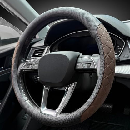 Nappa Leather Steering Wheel Cover,Elegant Diamond Checkered Design, Non-Slip wear-Resistant, Enhance Driving Comfort, Suitable for Steering Wheel Diameter 14 1/2‘-15’ Models.Black Brown - color: Black Brown