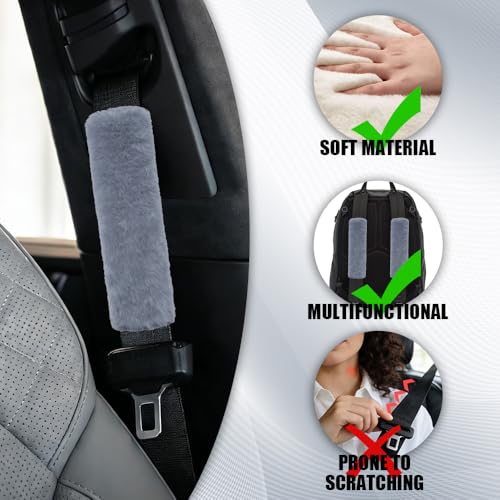 2PCS Car Seat Belt Cover Pads, Fluffy Car Seatbelt Covers, Soft & Comfortable Plush Seat Belt Cushion Protects Shoulder, Auto Safety Belt Strap Cover to Protect Your Neck (Grey) - color: Grey