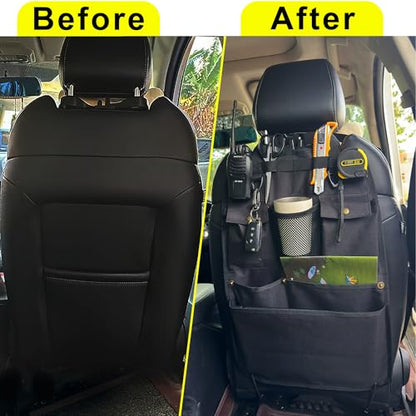 Black Car Seat Back Organizer with Multiple Pockets and Hooks