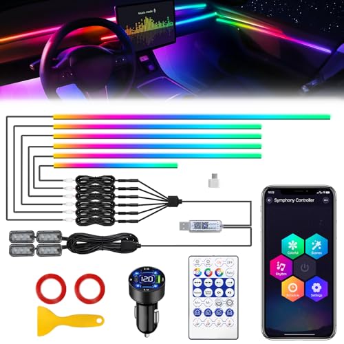 Dreamcolor Acrylic Interior Car LED Strip Light with USB/Type C/4-Port Cigarette Lighter, RGB 10 in 1 with 187 inches 650 LEDs Ambient Lighting Kits, Sound Active Function Neon Led Strips for Car - size: dreamcolor 10 in 1(4*29.5inch+1*55.1inch+1*14inch)