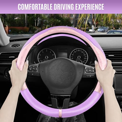 PIC AUTO Steering Wheel Cover, Pink Patterned & Light Purple Leather Patchwork Design, Universal Fit 14.5"–15.5", Anti-Slip, Soft PU Grain Leather, Durable Grip Car Accessory for Girls & Women - color: Pink & Light Purple