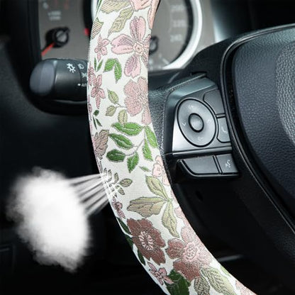 Retro Pink and Purple Flowers Steering Wheel Cover Auto Jacquard Steering Wheel Protector, Anti-Slip, Breathable, Absorbing Sweat, Universal Car Accessories 14.5–15 inch,Fit for Most Car, Trucks, SUV - style: Pink Cherry Blossom