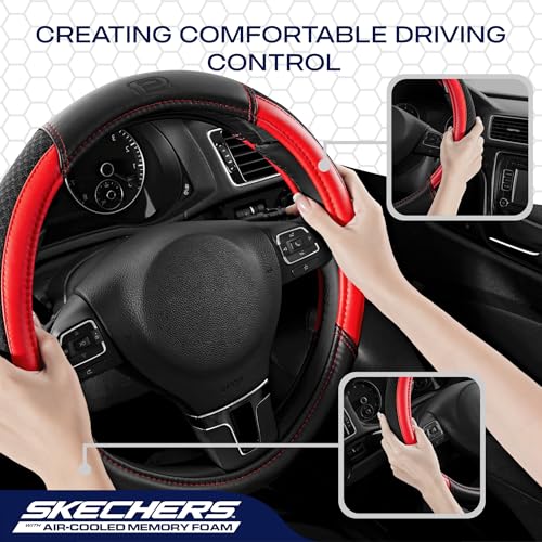 Skechers Air-Cooled Steering Wheel Cover, Leather Car Steering Wheel Cover Universal Fit 14" 1/2-15" Car Wheel Protector for Men Women Fit Suvs,Vans,Sedans,Car,Trucks,Red - color: Red
