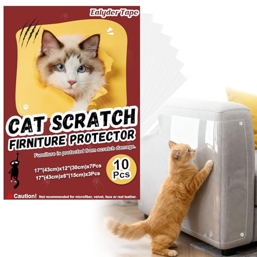 10 Pack Anti Cat Scratch Furniture Protector, Heavy-Duty Clear Self-Adhesive Sofa Protectors for Pets, No-Residue for Couch, Doors, Walls – with 50 Twist Pins - size: 7 Sheets 17"×12" + 3 Sheets 17"×6", 50 Twist