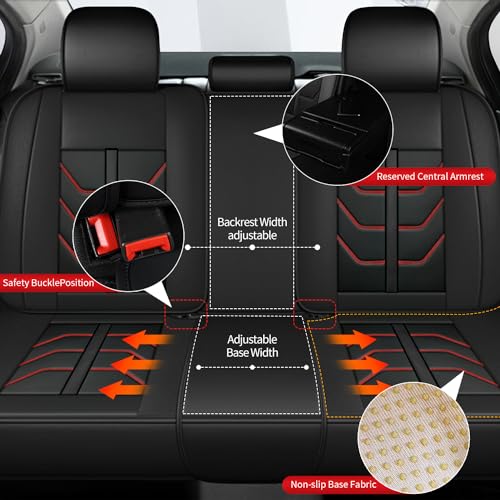 Custom Fit Faux Leather Seat Covers for Nissan Frontier 2007-2026 Full Set 5 Seats, Airbag Compatible, Black with Red Stitching - color: #077 Black&Redline, size: 5 Seats