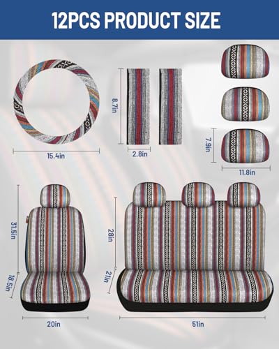 Baja Saddle Blanket Car Seat Covers Front Set with Seat Belt Pads, Washable Breathable Striped Woven Cloth Seat Covers for Cars, SUV, Truck, Airbag Compatible(Red)