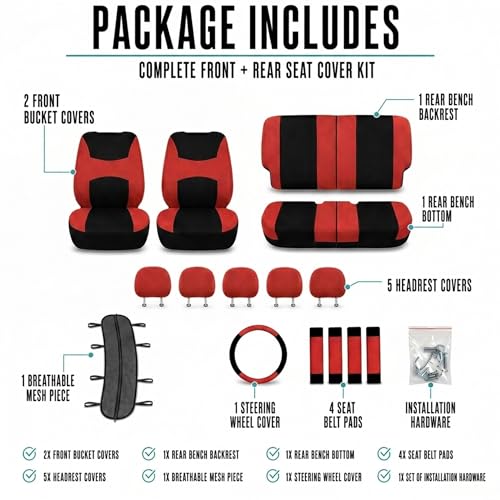 FH Group Car Seat Covers Full Set Cloth, Universal Fit combo, Automotive Covers, Low Back Front Airbag Compatible,Split Bench Rear Seat,Washable Cover for SUV,Sedan,Van Red - color: Red