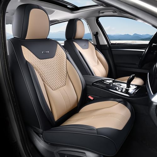 Coverado Car Seat Covers with Lumbar Support, Front Covers for Cars, Universal Automotive Seat Cover, Waterproof, Leather Car Seat Cushion, Interior Seat Protectors for Most Cars - color: Black-Beige, size: Front Pair