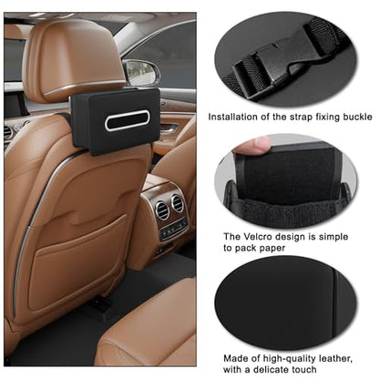 Upgraded Car Tissue Holder, Premium PU Leather Backseat Tissue Case Holder for 100-150 Regular Size Tissues,Foldable Tissue Holder 9.45 × 5.24 × 3.54 in, Black