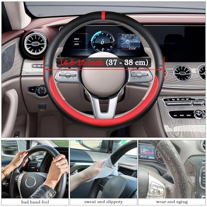 Black Red Car Steering Wheel Cover, Nappa Leather, Bottom Color Blocking, Universal 14.5-15 Inch Leather Anti-Slip Breathable Auto Steering Wheel Covers for Men Women - color: Black Red