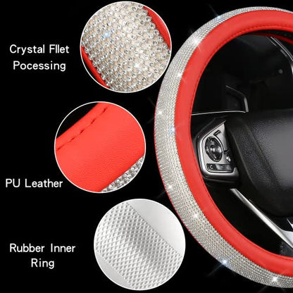 Bling Diamond Leather Steering Wheel Cover for Women Girls with Crystal Rhinestones, Universal Fit 14.5-15 Inch Car Steering Wheel Cover Accessories - color: Red