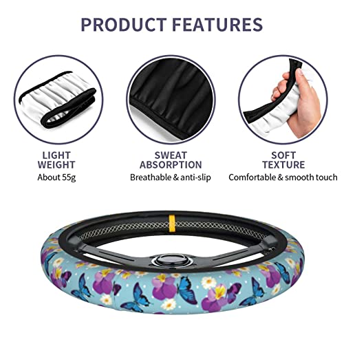 Blue Butterfly Steering Wheel Cover for Women Men with 2 Pcs Car Coasters, Universal 14.5-15 Inch Cute Steering Wheel Covers Non-Slip Car Accessories for Girls - color: butterfly