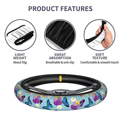 Blue Butterfly Steering Wheel Cover for Women Men with 2 Pcs Car Coasters, Universal 14.5-15 Inch Cute Steering Wheel Covers Non-Slip Car Accessories for Girls - color: butterfly