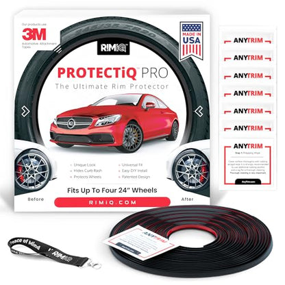 RIMiQ PROTECTiQ PRO Universal Rim Protection Trim - Curb Rash Guard with Award-Winning Patented Design and Premium 3M Tape - Fits Up to 4X 24 Wheels, Cars, Trucks, SUVs - Black