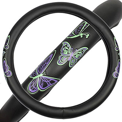 BDK GripGrab Comfort Grip - Purple & Green Butterflies on Black Synthetic Leather Steering Wheel Cover 15 inch - color: #46 Butterflies, size: Fits 14.5 - 15" SW