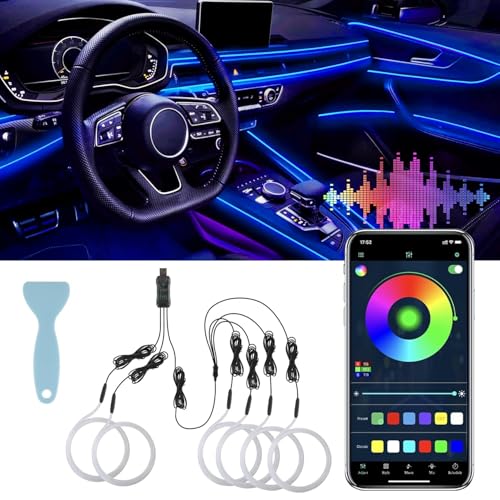 Smart LED Car Lights Interior with USB Port, LED Strip Fiber Optic Ambient Lighting Car, Wireless App Control, Sync to Music, Car Decorations Interior Accessories Gifts for Women Men, 6 in 1 - size: 6 in 1- App Control