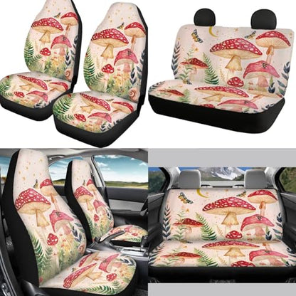 Mushroom Car Seat Cover Set for Front and Rear Cute Auto Interior Accessories Steering Wheel Covers Set Armrest Pad Headrest Covers Handbrake Gear Cover Cup Holder Universal Fit - color: Mushroom