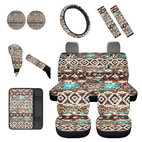 Dreaweet Aztec Brown Cow Seat Covers for Cars Full Set 12 Pcs Universal Car Accessories with Steering Wheel Cover/Armrest Cover/Seat Belt Pads/Coasters/Gear Shift Cover/Handbrake Cover,Universal Fit - color: Aztec Brown Cow