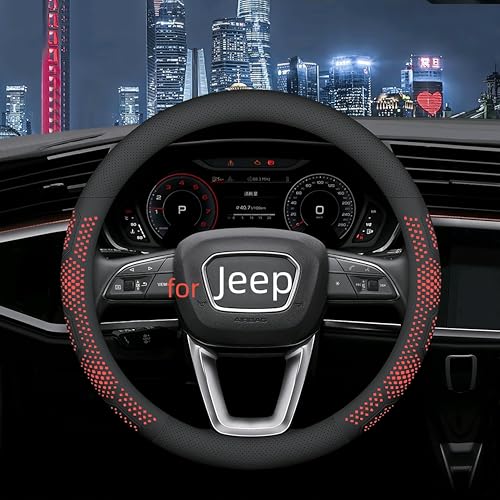 Leather Steering Wheel Cover for Jeep Wrangler Grand Cherokee Compass, 14.5-15 inches Car Steering Wheel Cover with Non-Slip Breathable (Red) - color: Red