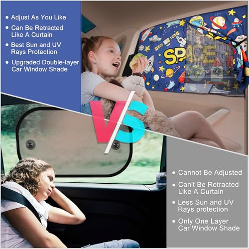 Car Sun Shade Side Window, 2pcs Magnetic Double Layer Car Window Shades for Privacy Full Covers/Half Shade Options Cute Space Pattern Side Window Curtains for Kids - color: Blue Space