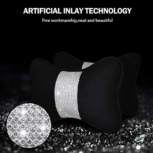 2 - Pack Bling Car Seat Neck Rest Pillow Soft Plush Crystal Headrest Head Support Cushion Car Decor Accessories for Women,Universal Fit for Car Seat Headrest, Black