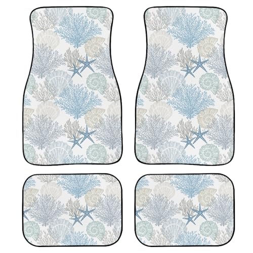 Nautical Coastal Car Floor Mats 4Pcs Underwater Starfish Seashell Mollusk Coral Marine Pattern Floor Mats for Cars Custom Front Rear Vehicle Rugs Universal Auto Accessories for Trucks Sedans - color: Blue