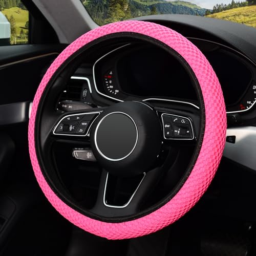 KAFEEK Elastic Stretch Steering Wheel Cover 15 Inch, Breathable Ice Silk Microfiber, Non-Slip Grip, Warm in Winter and Cool in Summer, Odorless, Car Accessories Fit Cars, SUVs, Rose Red - color: rose red