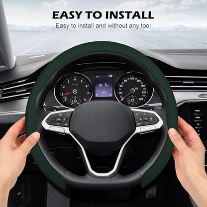 Nappa Leather Steering Wheel Cover,Universal Fit 15 Inch-Premium Non-Slip Breathable Comfort Grip for Cars Trucks SUVs,Anti-Slip Durable Interior Upgrade Dark Green - color: Dark Green
