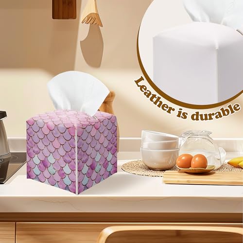 Mermaid Scales Pink Tissue Box Cover, Square Leather Tissue Box Cover Holder Facial Paper Organizer, Decorative Facial Paper Organizer for Bathroom, Home Office Car Decorations - color: Purple