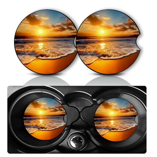 2Pack Sunset Beach Scene Car Cup Holder Coasters,Cars Coasters for Cup Holders,2.75" Universal Anti Slip Rubber Mat with Finger Slot,Beach Car Accessories Interior Decor,Gifts for Women,Men - color: Sunset Beach