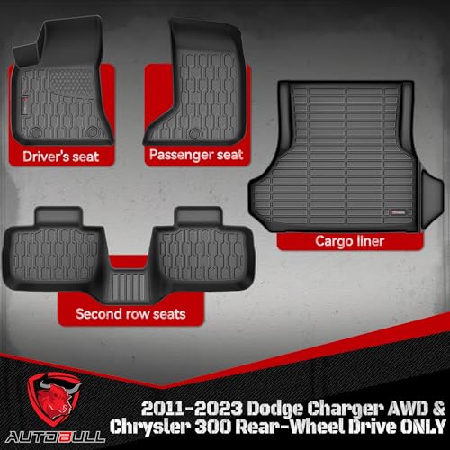 Floor Mats & Cargo Liner Compatible with 2011-2023 Dodge Charger AWD & Chrysler 300 All-Wheel Drive ONLY Cargo Mat, Full Set All Weather Protection 1st, 2nd Row Car Liners & Trunk Mat, Black - style: Dodge Charger AWD 2011-2023