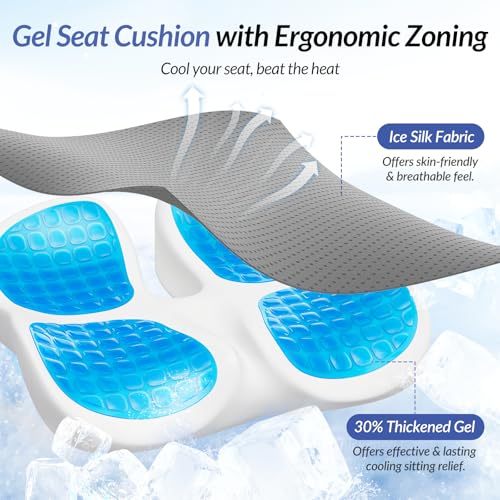 Gel Seat Cushion for Office Chair and Car Seat with Ergonomic Zoning, Memory Foam Chair Cushion for Sciatica, Lower Back, Tailbone Pain Relief and Intimate Ventilation, Non-Slip & Airy Cover