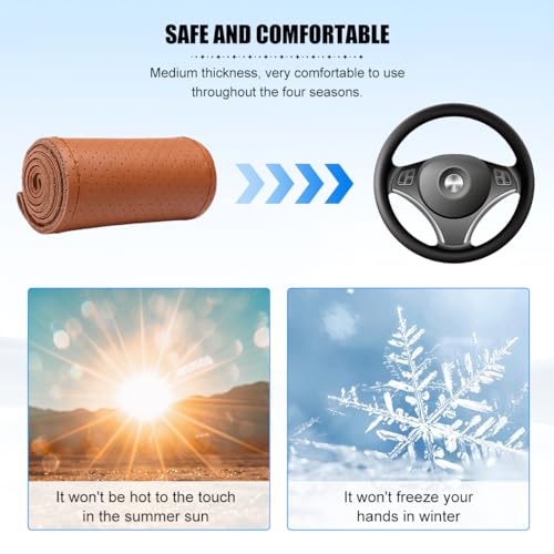 Genuine Leather Car Steering Wheel Cover, DIY Sewing Stitch on Wrap Auto Wheel Cover with Needle Thread, Breathable Anti-Slip Vehicle Steering Stitching Protector, Universal Fit (Brown) - color: Brown