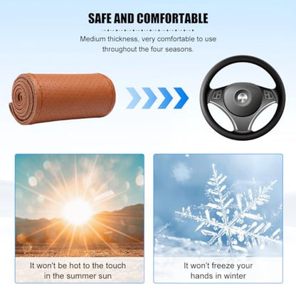 Genuine Leather Car Steering Wheel Cover, DIY Sewing Stitch on Wrap Auto Wheel Cover with Needle Thread, Breathable Anti-Slip Vehicle Steering Stitching Protector, Universal Fit (Brown) - color: Brown