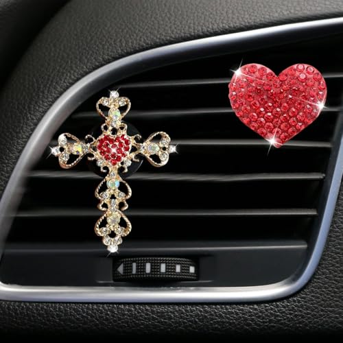 2PCS Bling Cross & Heart Car Dashboard Air Vent Trim Clip, Sparkly Rhinestone Car Air Vent Clips, Diamond Auto Diffuser Charm Clip, Auto Interior Decoration Accessory for Women Girls (Red) - size: Red